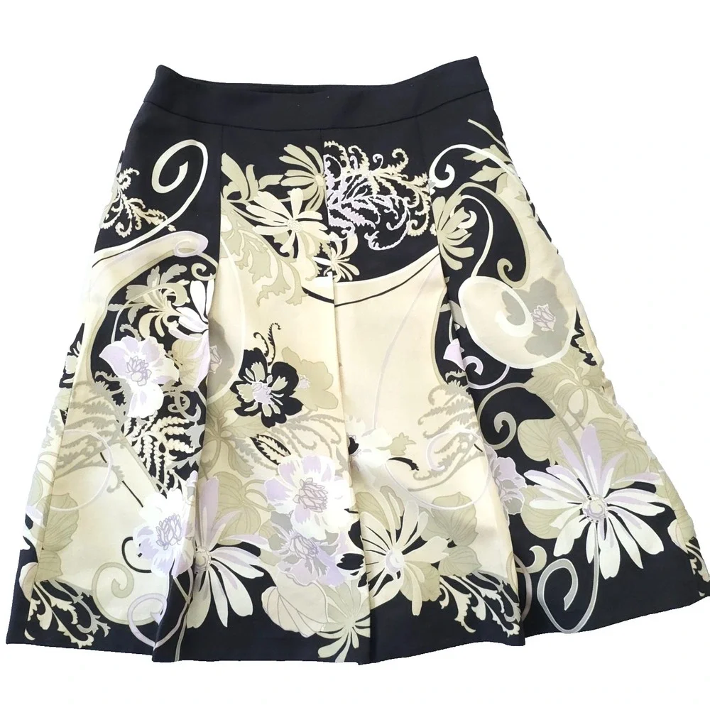 Vintage Ann Taylor Floral Pleated A-Line Skirt Size 8 Cotton Silk Blend Lined